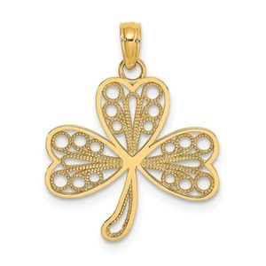 14k Yellow Gold Filigree 3-Leaf Clover Luck Shamrock Charm Necklace Pendant